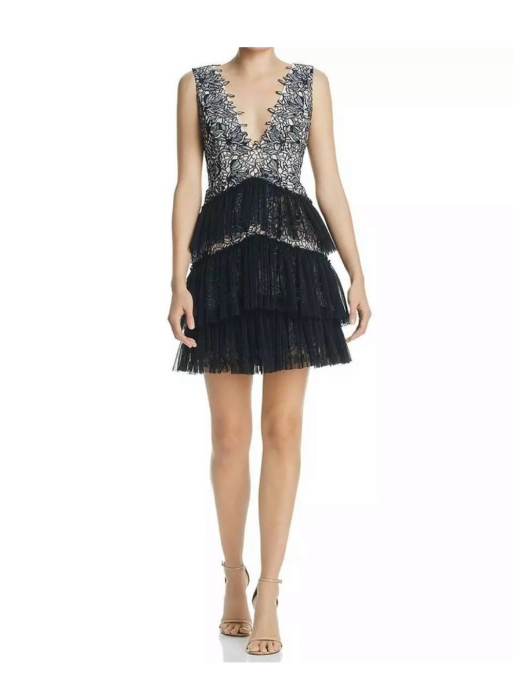 New BCBGMaxAzria Black Lace & Tiered Tulle Mini Dress Sz 2
